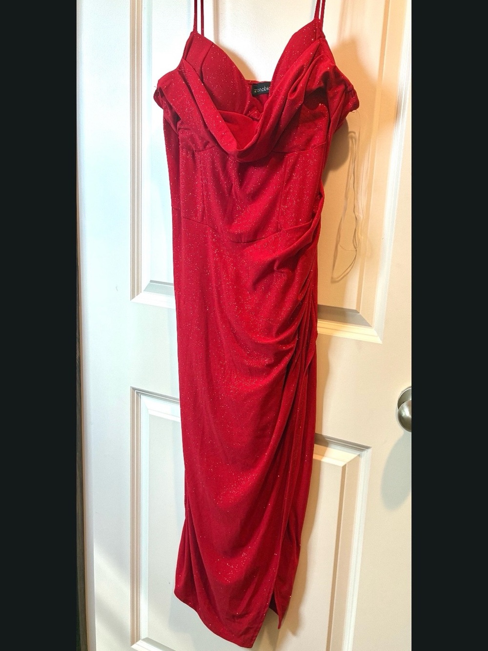 Zenobia Red Sparkle Cowl Midi Dress